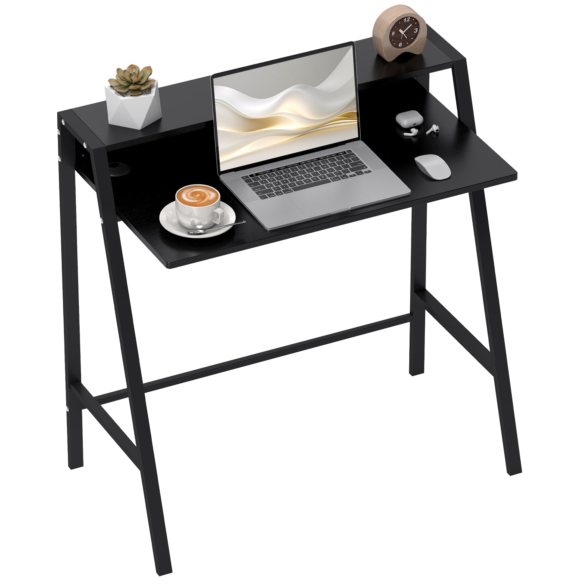 Rackhams Black Writing Desk Computer Table Home Office Pc Laptop Workstation Storage Shelf 84L X 45W Cm