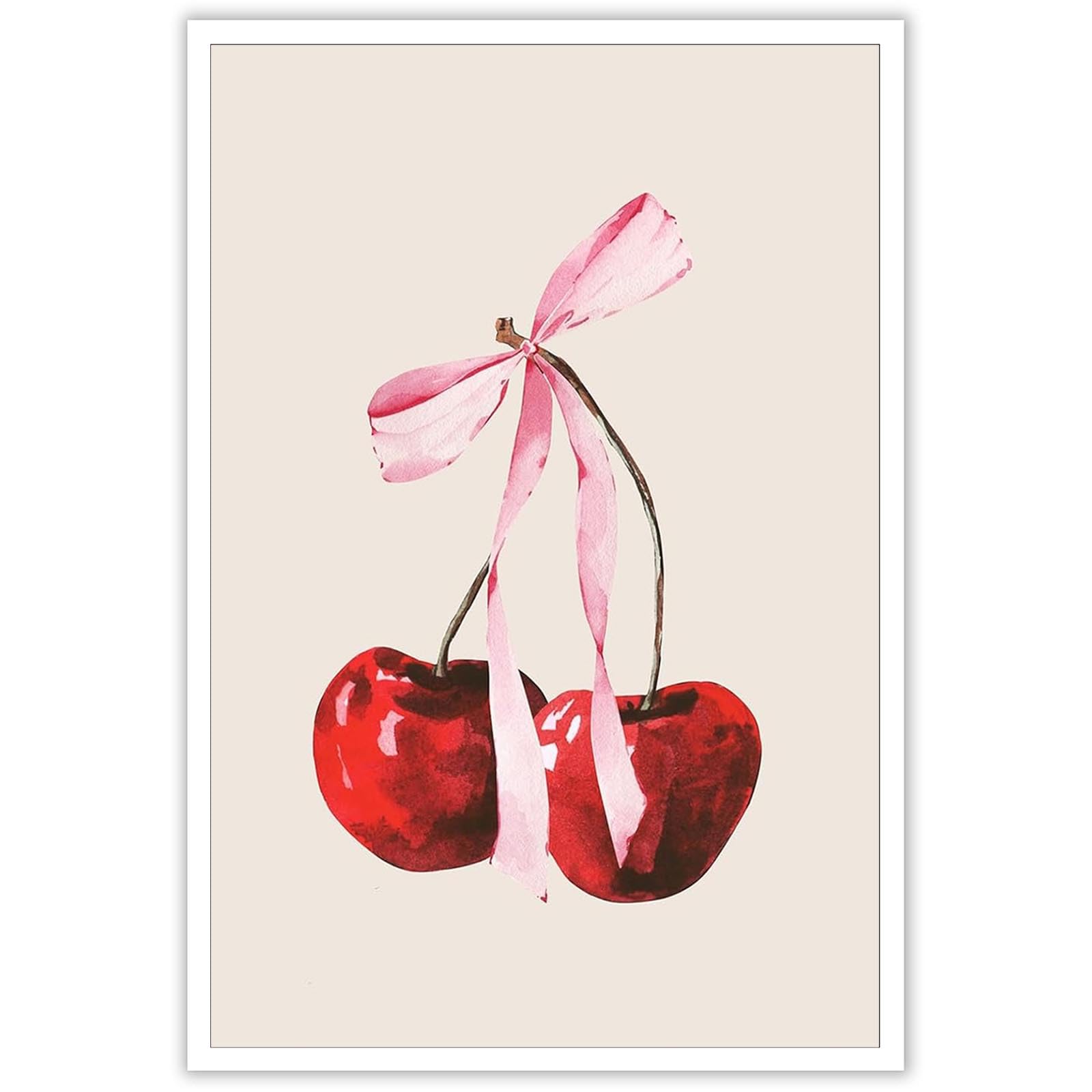 Uaddme Girls Red-3 Cherry Pink Bow Poster For Bedroom Coquette Feminine Poster Red Cherry Canvas Wall Art Trendy Bow Art Preppy College Apartment Print Coquette Y Wall Art For Bedroom12x16in Unframed