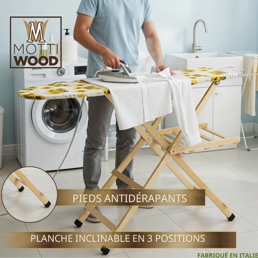 Planche à repasser, l'original Mottiwood, planche à repasser réglable 3 positions, pliable, bois de hêtre 100 %, 35 x 141,5 x 92 h, fabriquée en Italie (couleur naturelle)