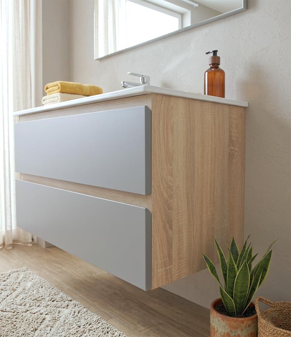 Kiamami Valentina Mobile Bagno Sospeso 90 Cm 2 Cassetti Rovere Well Grigio