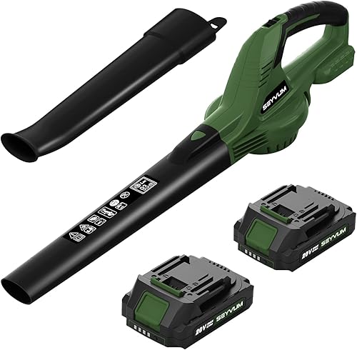 SEYVUM Soplador de hojas, soplador de hojas inalámbrico de 20 V con 2 baterías de iones de litio, soplador de hojas eléctrico para cuidado del