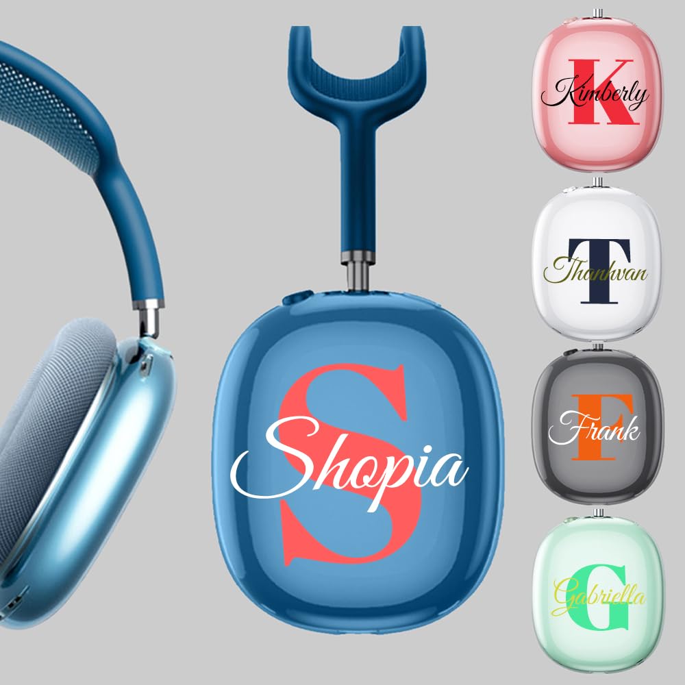 Custom Monogram Silicone Case Cover for AirPods Max 1/2 Gen Headphones Name Initial, Clear Soft TPU Ear Cups Covers, Accessories Anti-Scratch