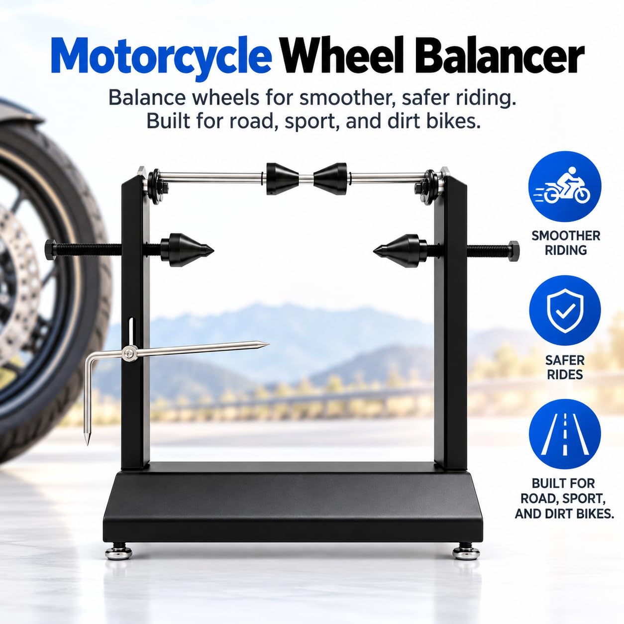 Equilibradora de Ruedas para Motocicleta, Eje de 14 mm, 35 Pulgadas