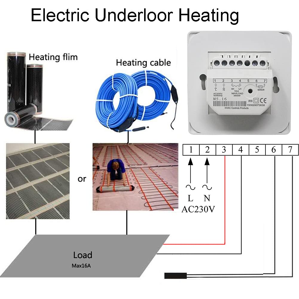 KETOTEK Manual Underfloor Heating Thermostats 220V 16A, Electric Underfloor Heating Controller