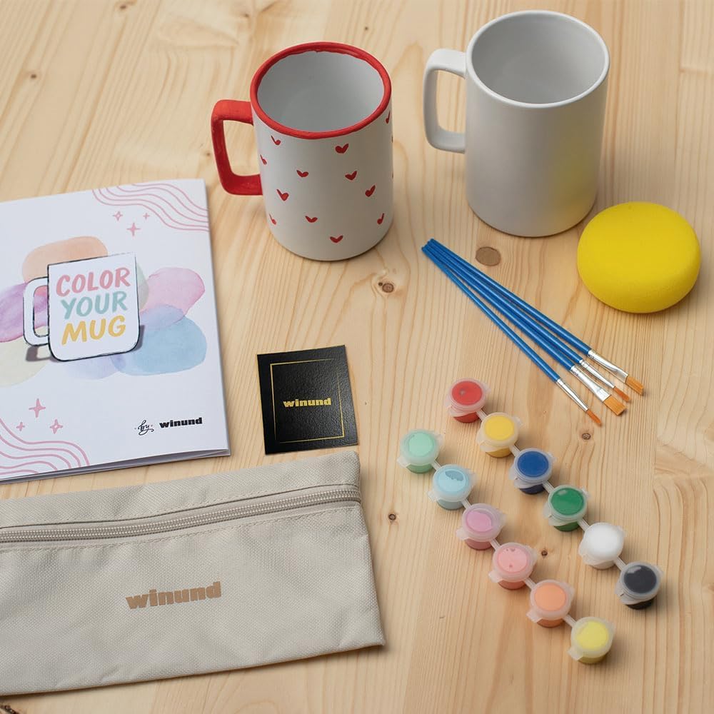 Winund – Set de 2 Tazas para Pintar con Pinturas Cerámica (12 Colores Pastel + Estándar), Pinceles, Esponja e Instrucciones – Manualidades Creativas y Regalo Original para Adultos y Niños