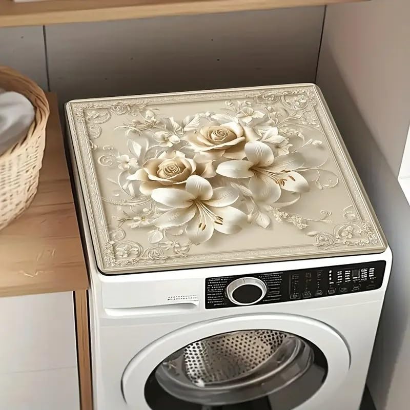 Image of Stylish Floral Washing Machine Mat | Waterproof Anti-Slip Absorbent Top Cover Mat for Laundry Room | Washable Dustproof Protective Floral Print Mat for Front Load and Top Load Washing Machines