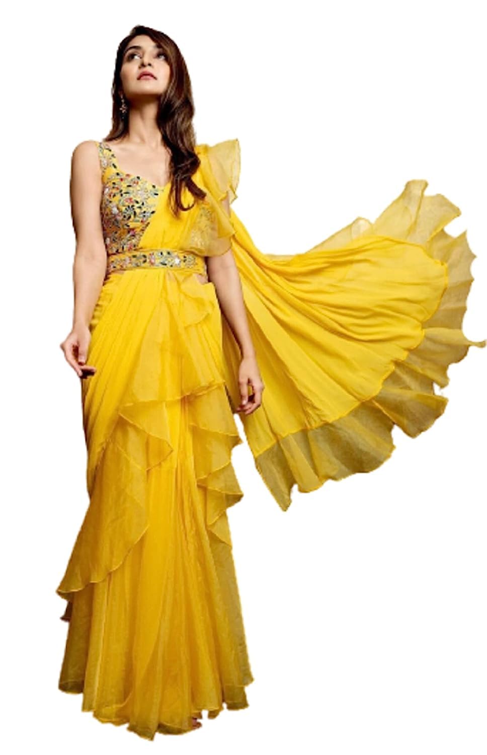 RANGOLI ART Womens And Girls Soft Apple Organza Silk Lahenga Saree With Full-Stitched Blouse With Embroidery Work Yellow Color