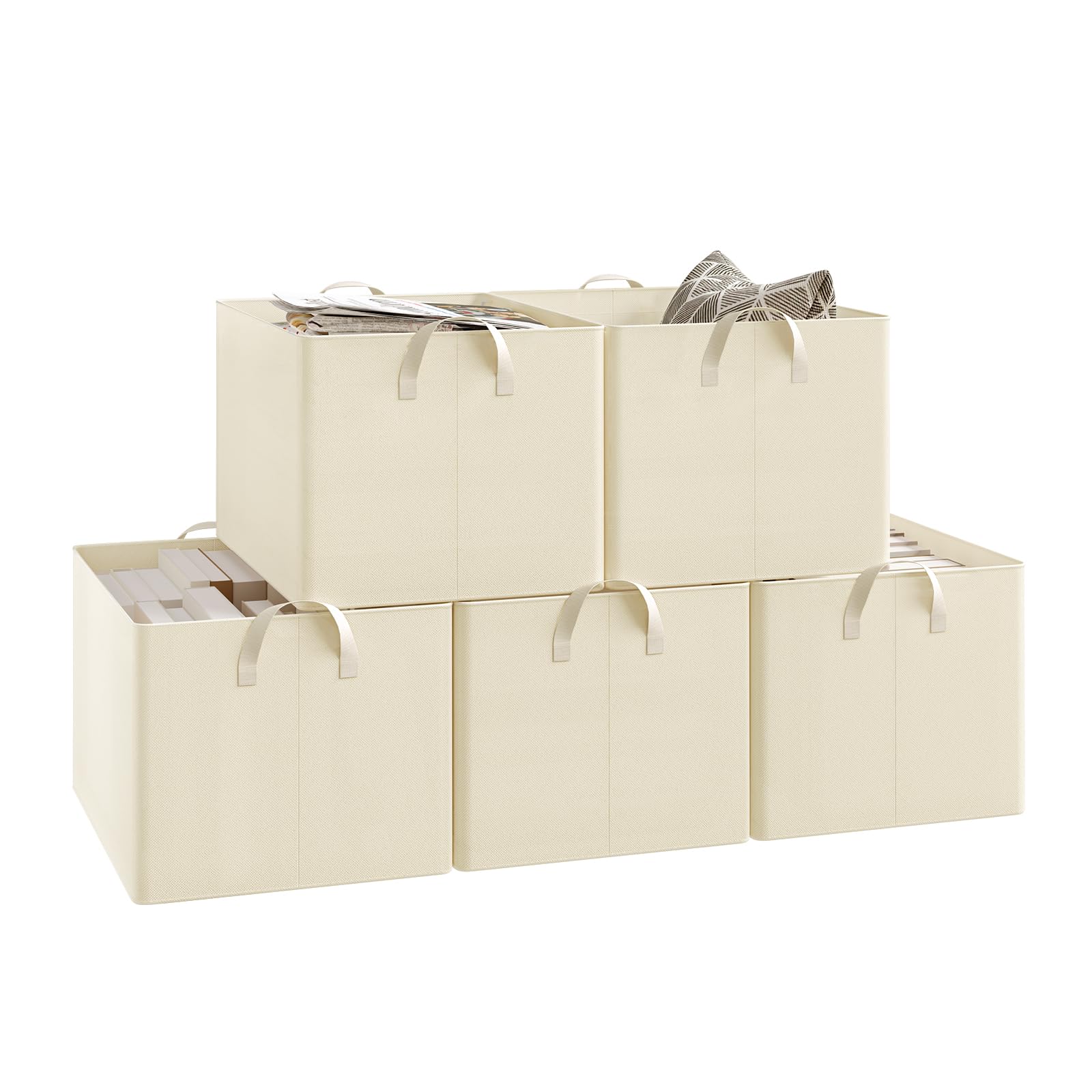 WOLTU Aufbewahrungsbox 5 Stück, aus Polyesterstoff, für Schlafzimmer, Arbeitszimmer, Wohnzimmer, Organizer Box mit Griffen, für Kleidung Spielzeug, faltbar, Creme, 47x30x35 cm