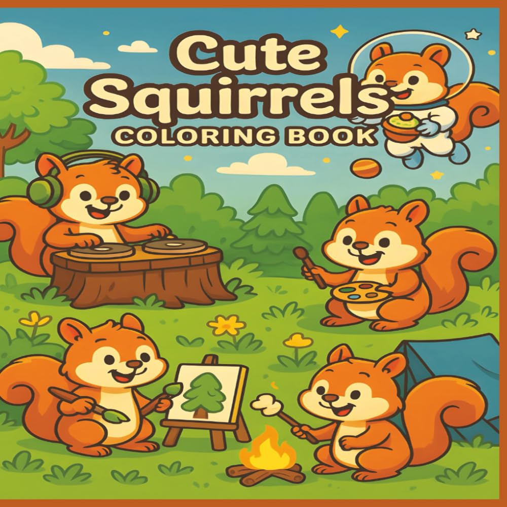 Cute Squirrels Coloring Book: 50 Adorable and Funny Squirrel Scenes for Kids to Color, Laugh, and Relax