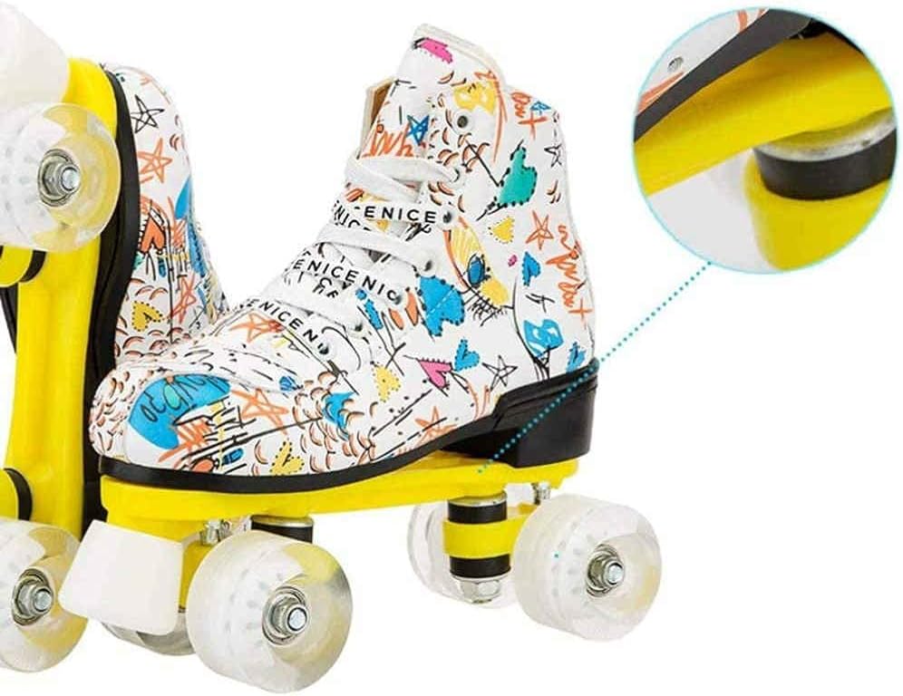 Classic Graffiti Roller Skates, Led Blinking Wheel Double-Row Skates, Comfortable and Breathable Sneakers for Boys and Girls,38-Whitedoesnotflash
