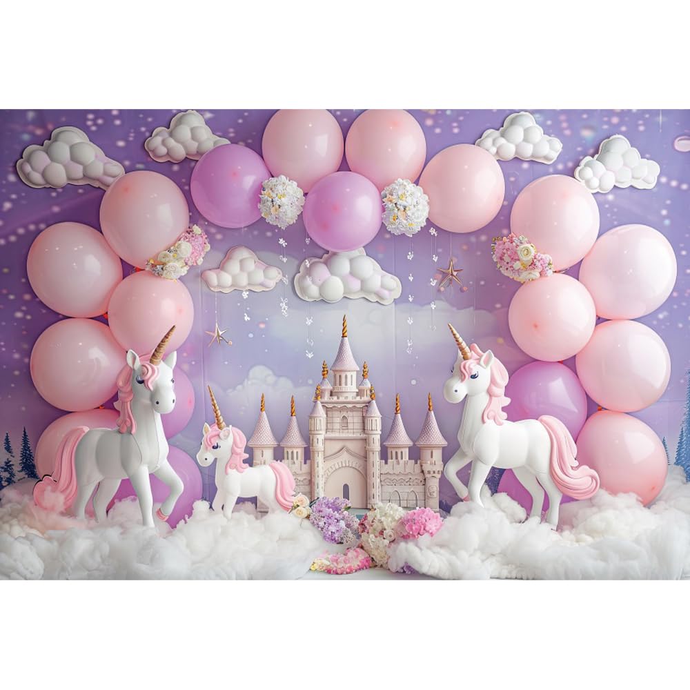 6x3m Unicorno Compleanno Sfondo Castello Rosa Viola Palloncino Ragazza Bambino Doccia Fotografia Sfondo Bianco Cotone Nuvola Fiore Neonato Festa di Compleanno Decorazioni Banner