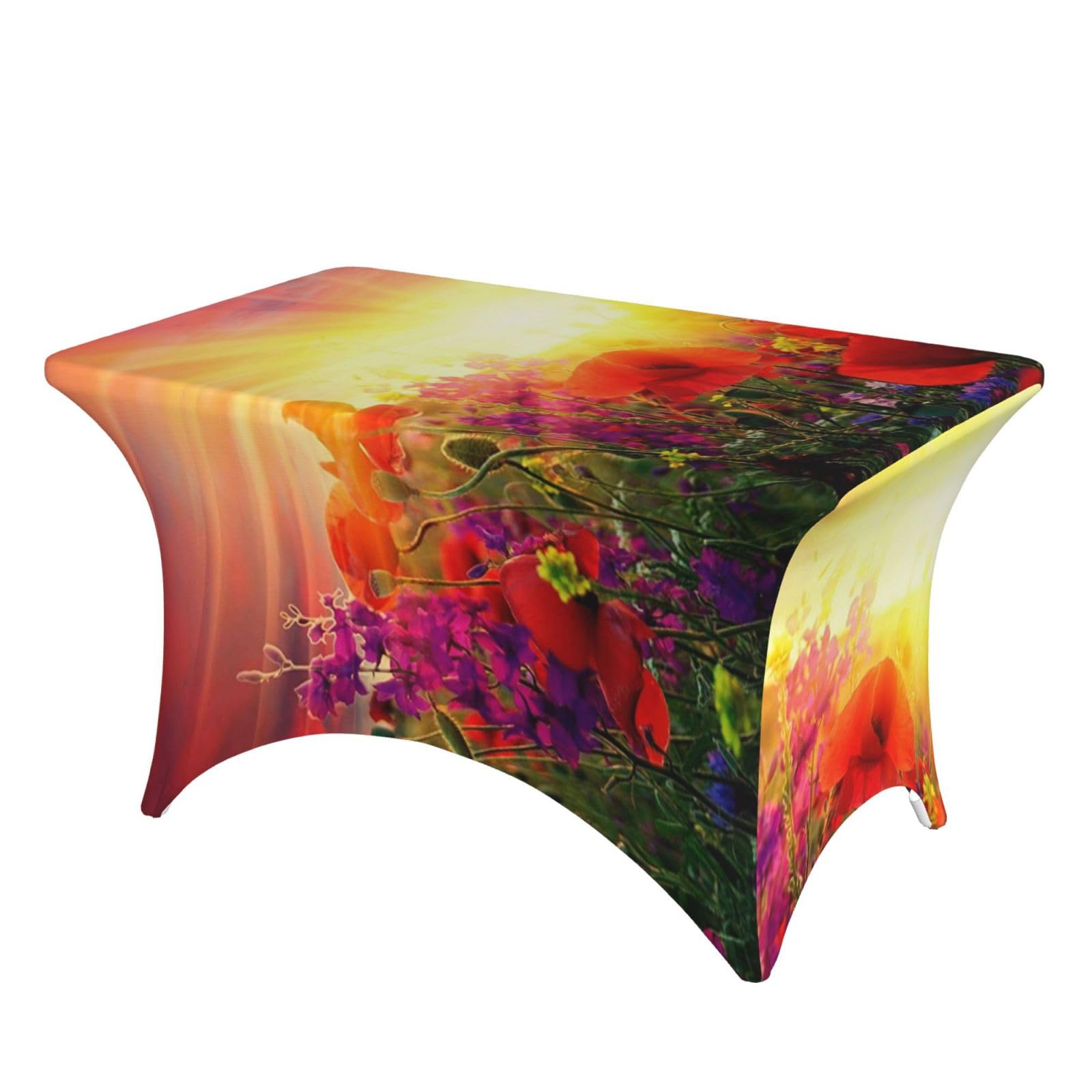 Dcehgew Sunrise Red Flowers 4Ft Spandex Rectangular Table Cloth, Printed Fitted Elastic Tablecloths Washable Table Cover For Event, Wedding, Banquet & Party
