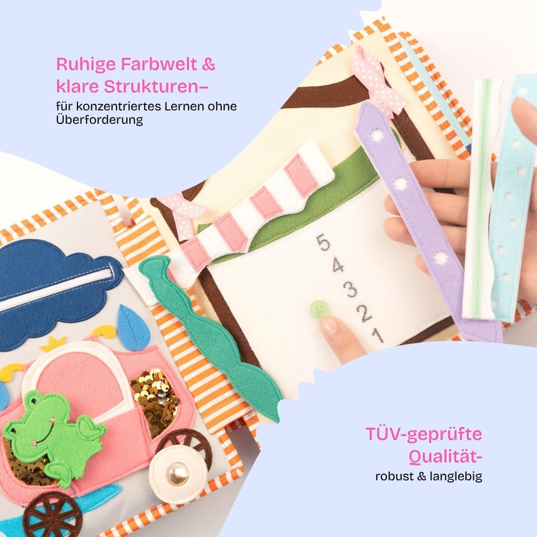 Jolly Designs Aventures dans la forêt de contes de fées – Quiet Book à partir de 3 ans, livre de contes de fées pour enfants, jouet éducatif avec Raiponce, roi grenouille, Hansel et Gretel, livre de