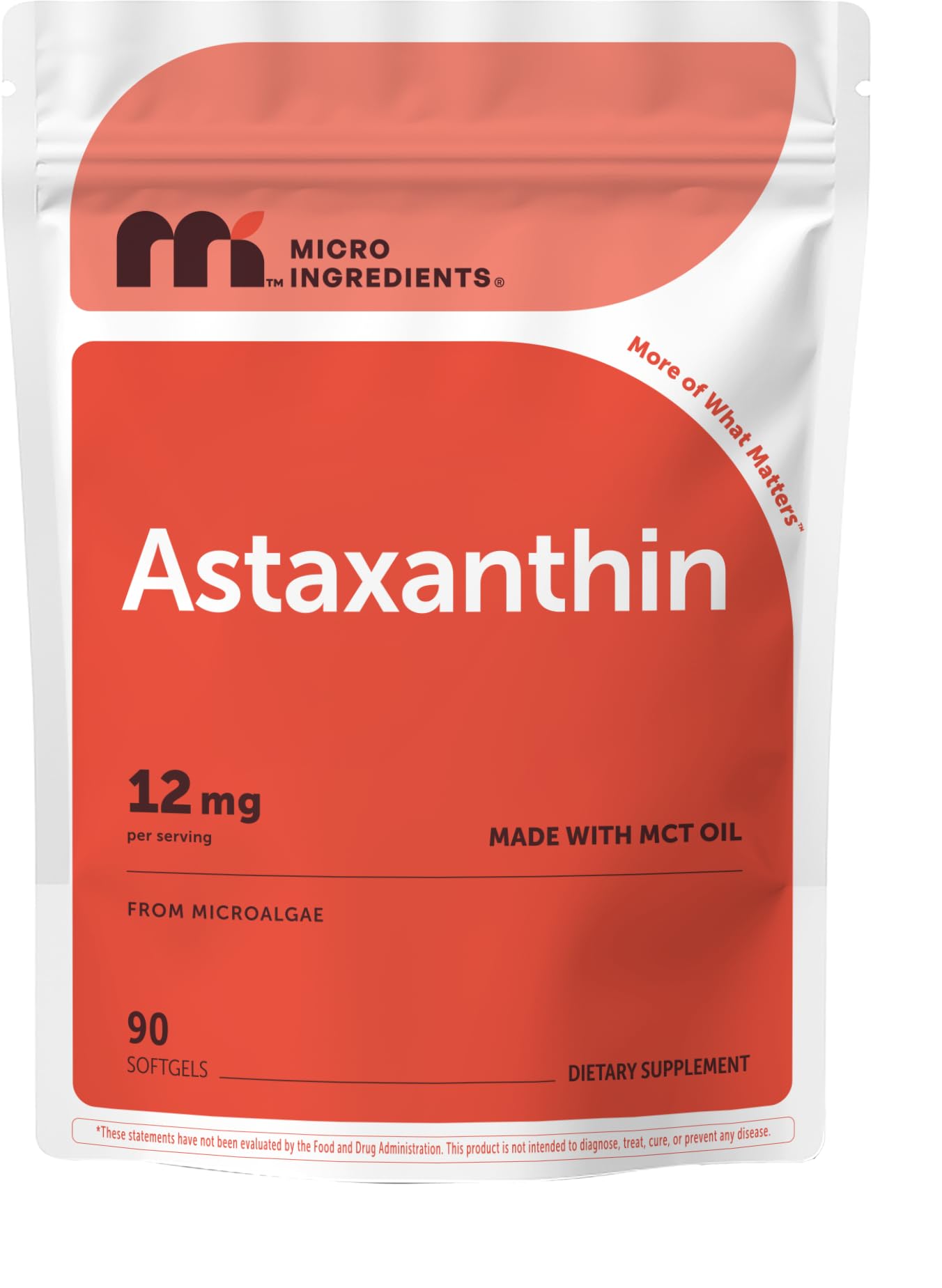 Micro Ingredients Astaxanthin 12mg with MCT Oil, 90 Softgels | Premium Astaxanthin Antioxidant Supplements* | Fresh Microalgae Source | Triple Strength, Non-GMO, Gluten Free, No Soy