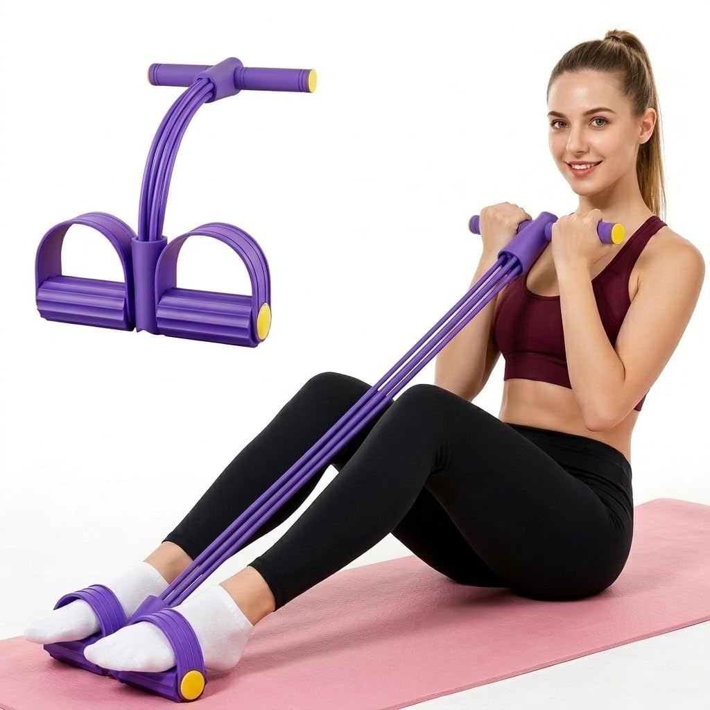 Multifunctional Pedal Resistance Band with Handle,4/6/8 Tubes for All Weights,Upgrade Heavy-Duty TPE Tubes with 300% Stretch for Full Body Workouts. (4Tubes-Purple)
