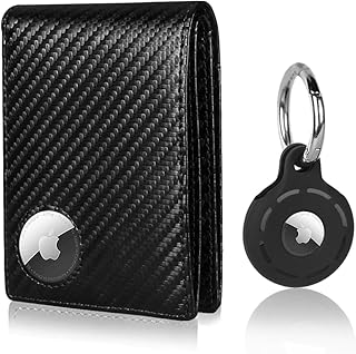 AirTag Wallet for Men, Air Tag Minimalist Carbon Fiber Genuine Leather Mens Wallet, Airtag Wallets with RFID Blocking Card Holder Gifts for Men Up to 12+ Cards (No Airtag Included)