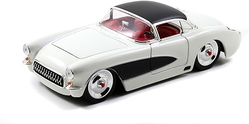 Jada Toys Bigtime Muscle 124 1957 Chevy Corvette - Auto fundido a presión  Puertas de apertura, capó, maletero, neumáticos de goma (blanconegro)