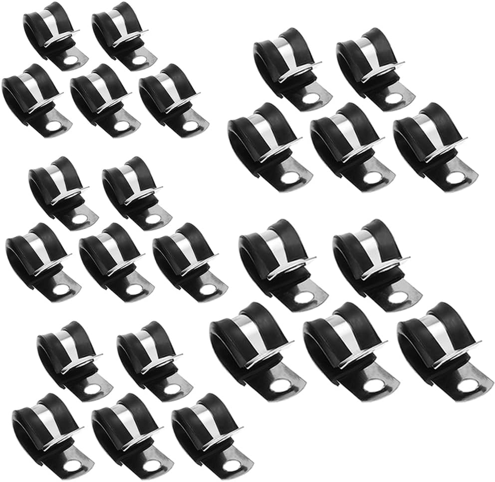 30PCS Cable Clamps Set Rubber Cushioned Cable Clamp Stainless Steel Clamps Pipe Cable Clamps Assortment Kits Black Mix Size