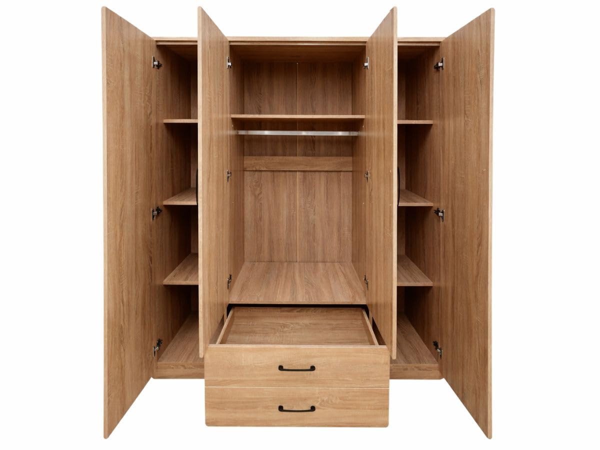 Armoire Valentina 4 Portes avec Penderie, Étagères et 2 Tiroirs, Rangement pour Chambre, Blanc/Chêne/Bois Grisé (Chêne)