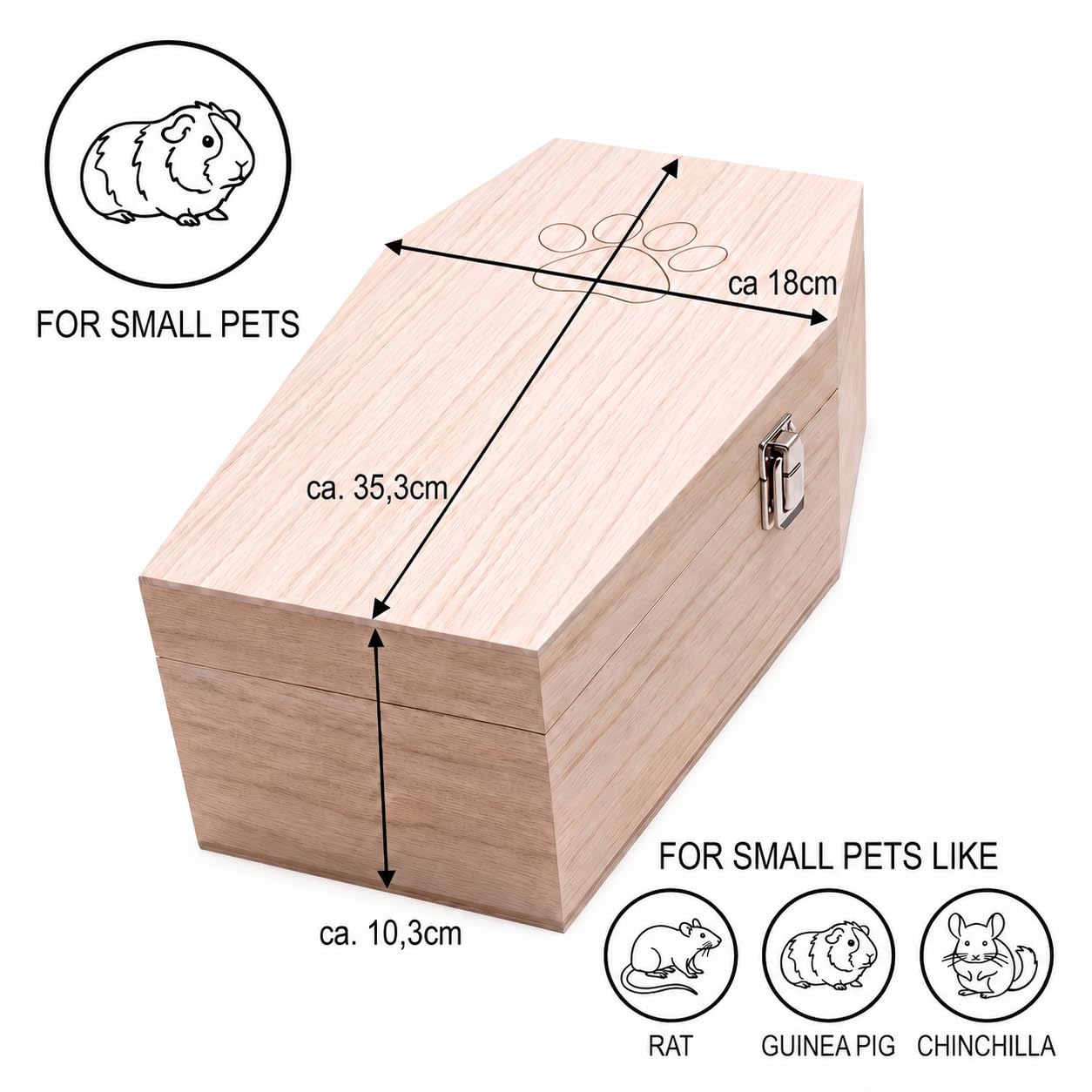 PrimoLiving petbye Holz Kleintiersarg Natur belassen - Größe M für kleine Haustiere - Tiersarg mit festem Metallverschluss - Sarg aus hochwertigem Holz