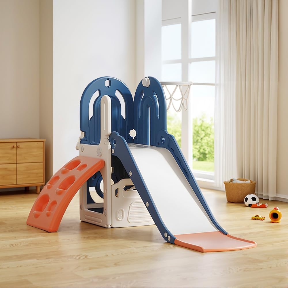 FUKEA Climbing Slide, 4 in 1 Toddler Slide with Climbing Frame, Storage Box, Basketball Hoop, Indoor Outdoor Garden Playground Climbing Theme Baby Slides for Toddlers Age 1-3 — image 1