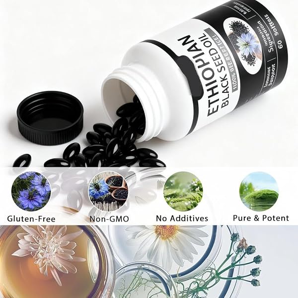 Cápsulas de aceite de semilla negra puramente etíope 4,64% de timoquinona, cápsulas blandas de aceite de semilla negra etíope puramente nutriente, prensado en frío orgánico, sin OMG, sin gluten, 60 - 3