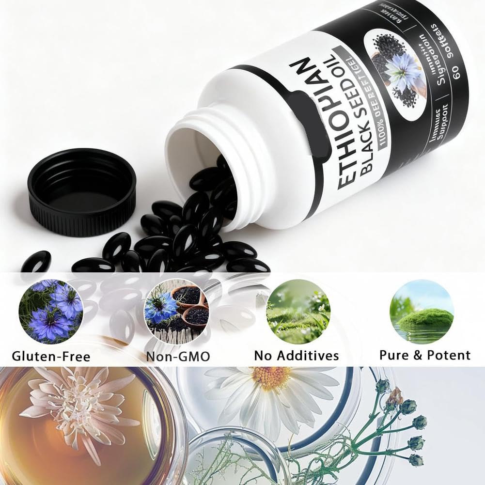 Cápsulas de aceite de semilla negra puramente etíope 4,64% de timoquinona, cápsulas blandas de aceite de semilla negra etíope puramente nutriente, prensado en frío orgánico, sin OMG, sin gluten, 60