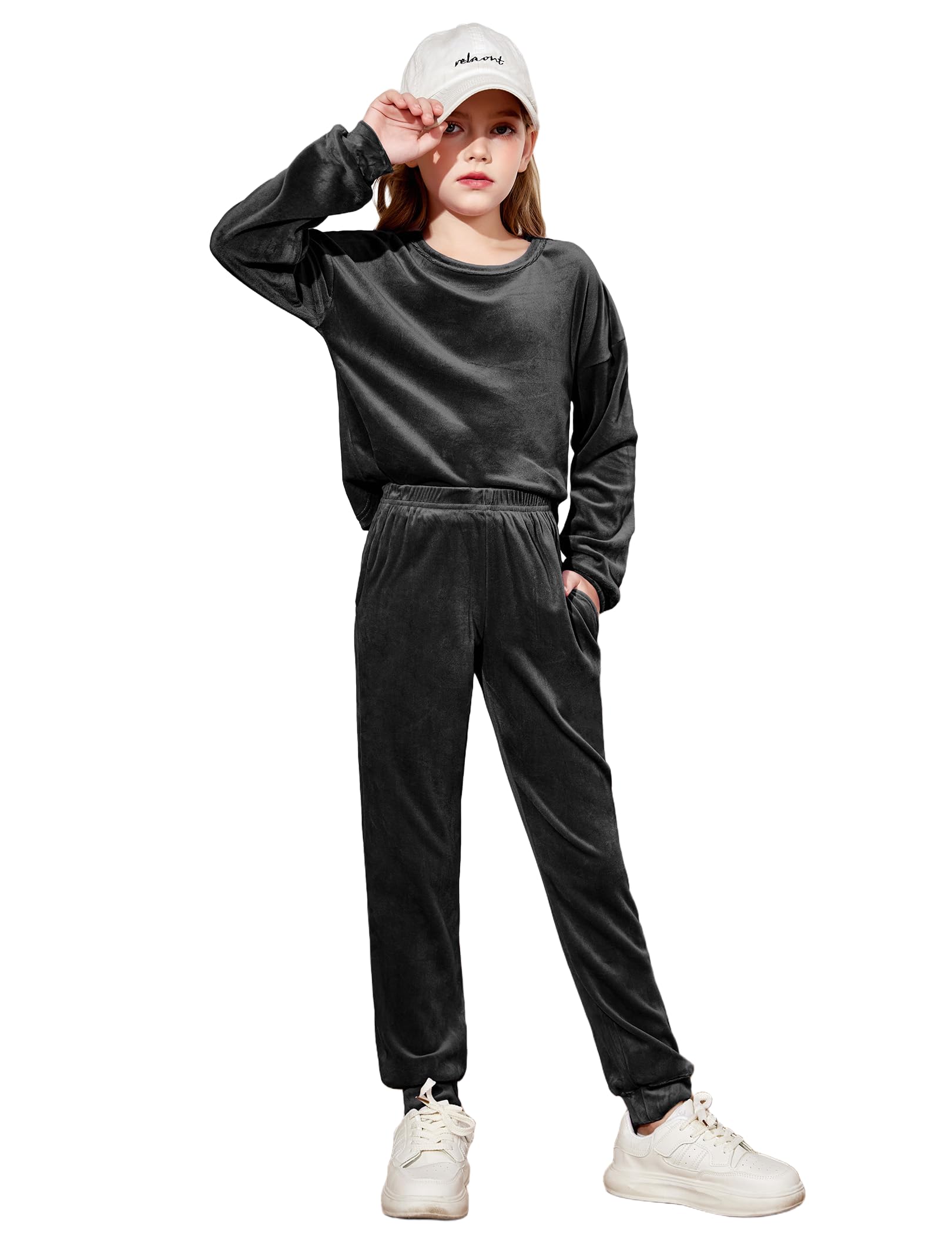 Arshiner Girls 2 Piece Outfits Kids Casual Velour Sweatshirts &amp; Pants Set