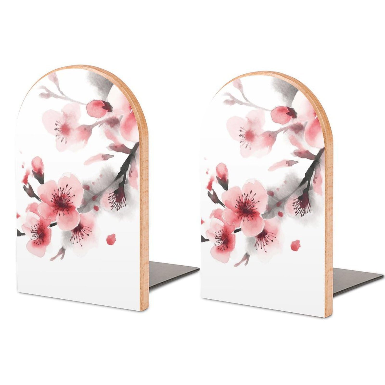 Asian Watercolor Pink Cherry Florals Bookend Modern Bookends for Shelves Non-Skid Book Holder Heavy Duty Metal Book Storage for Books CDs Decorative Book Stopper for Home