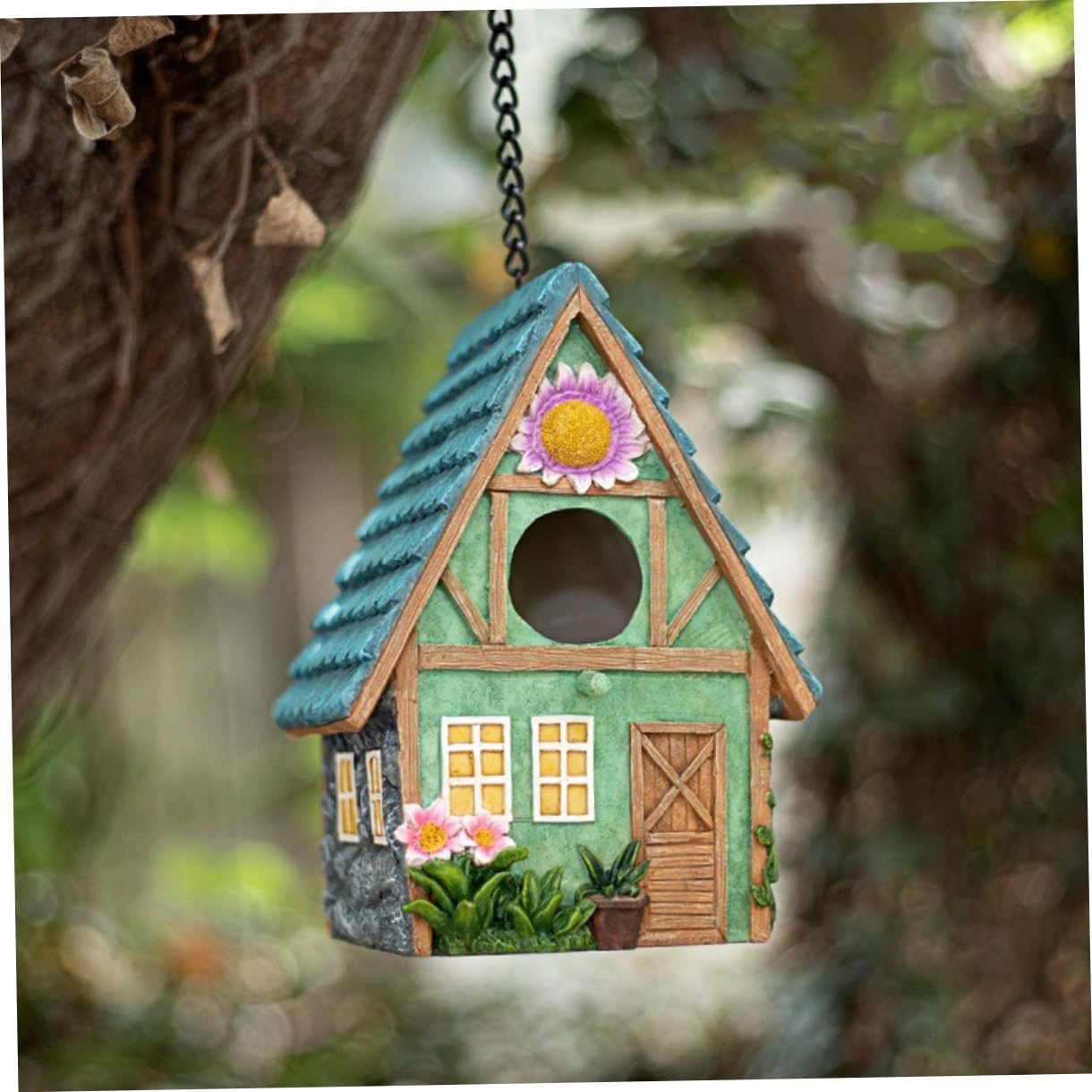 DOITOOL Casita de Pájaros Exterior de Resina Estilo Rústico, Refugio Cálido y Ventilado para Aves, Decoración Natural para Jardín y Patio
