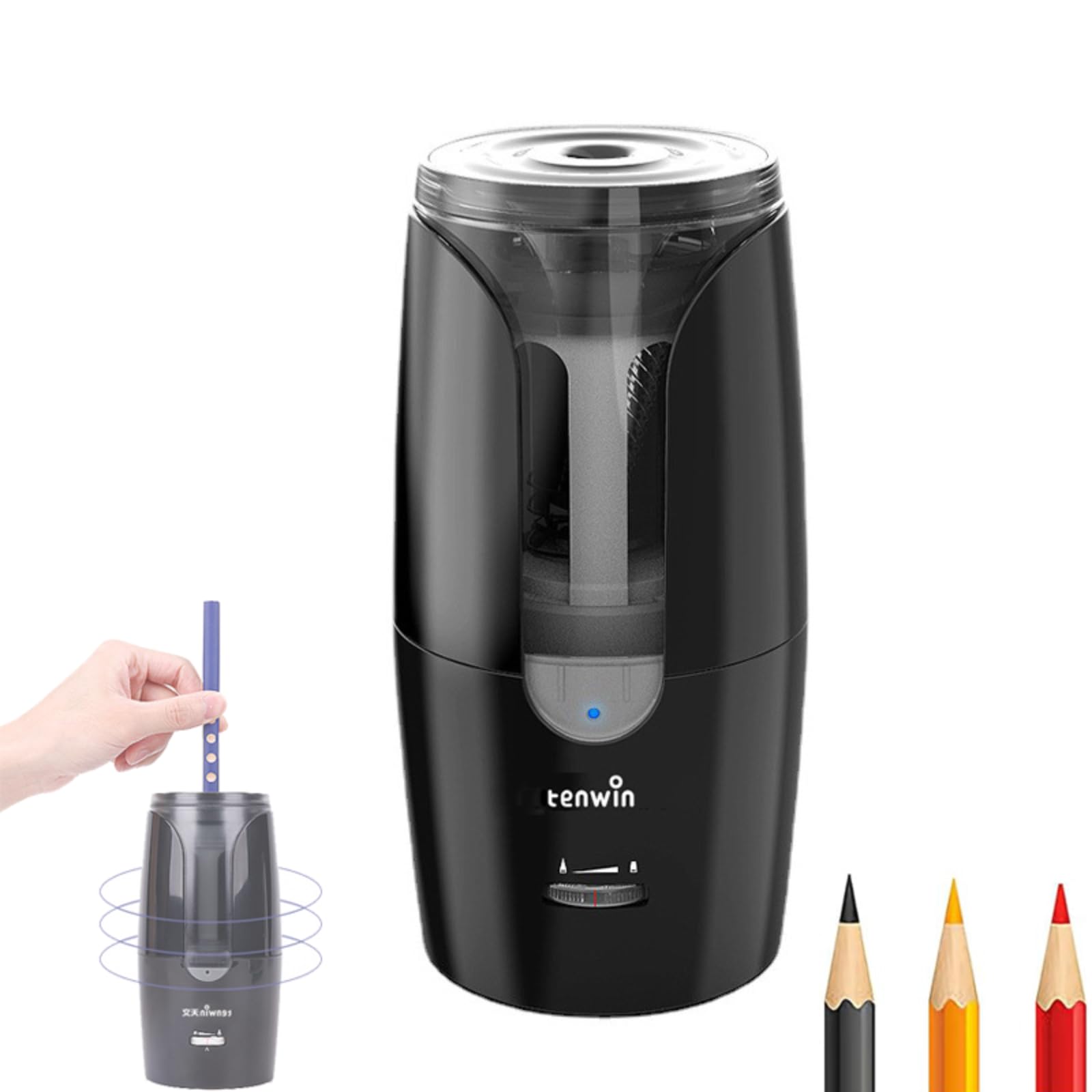 Electric Adjustable 6-12mm Pencil Sharpener, Desktop Pencil Sharpener with Container USB Rechargeable for Coloured Pencils Student Pencils, Kids Artists, Automatic Stop, Fast Sharpen (Black)