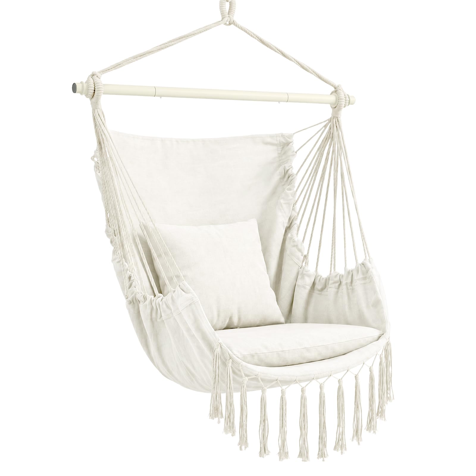Sekey Hängesessel mit 2 Kissen & Seitentasche - Boho Hängestuhl bis 120 kg - Robuste Metallstange & Anti-Rutsch-Ringe - Atmungsaktive Hängeschaukel für Indoor, Balkon & Garten, Beige
