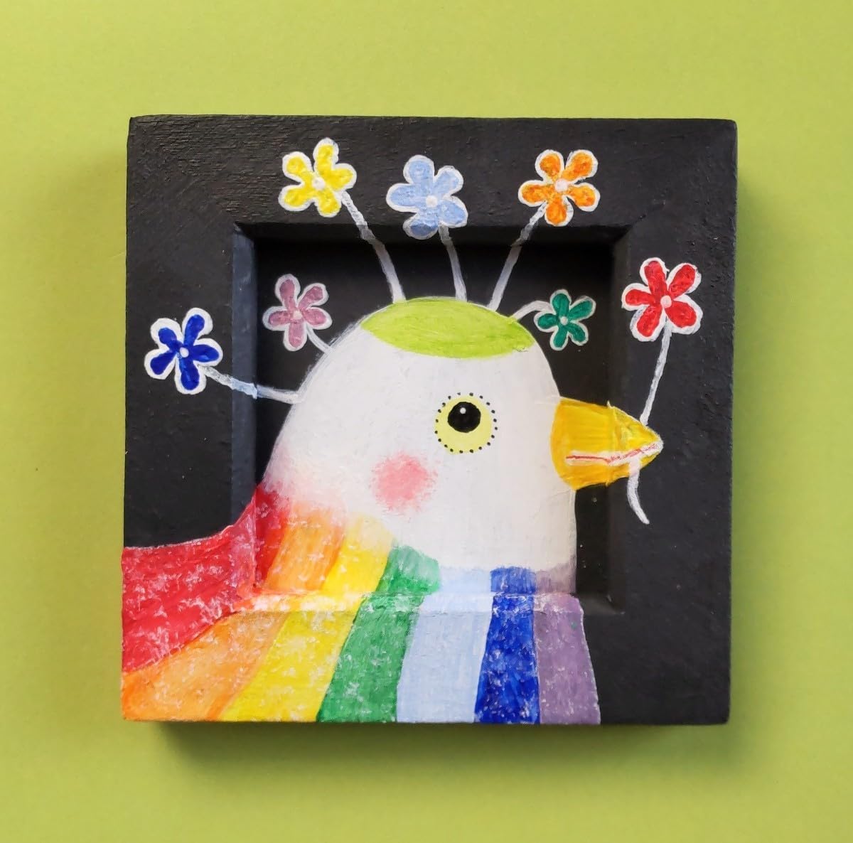 縫い絵 アート 鳥と花 Amazon.co.jp: 絵画 原画『虹鳥の優しい花』ミニ額付 一点物 真作 鳥
