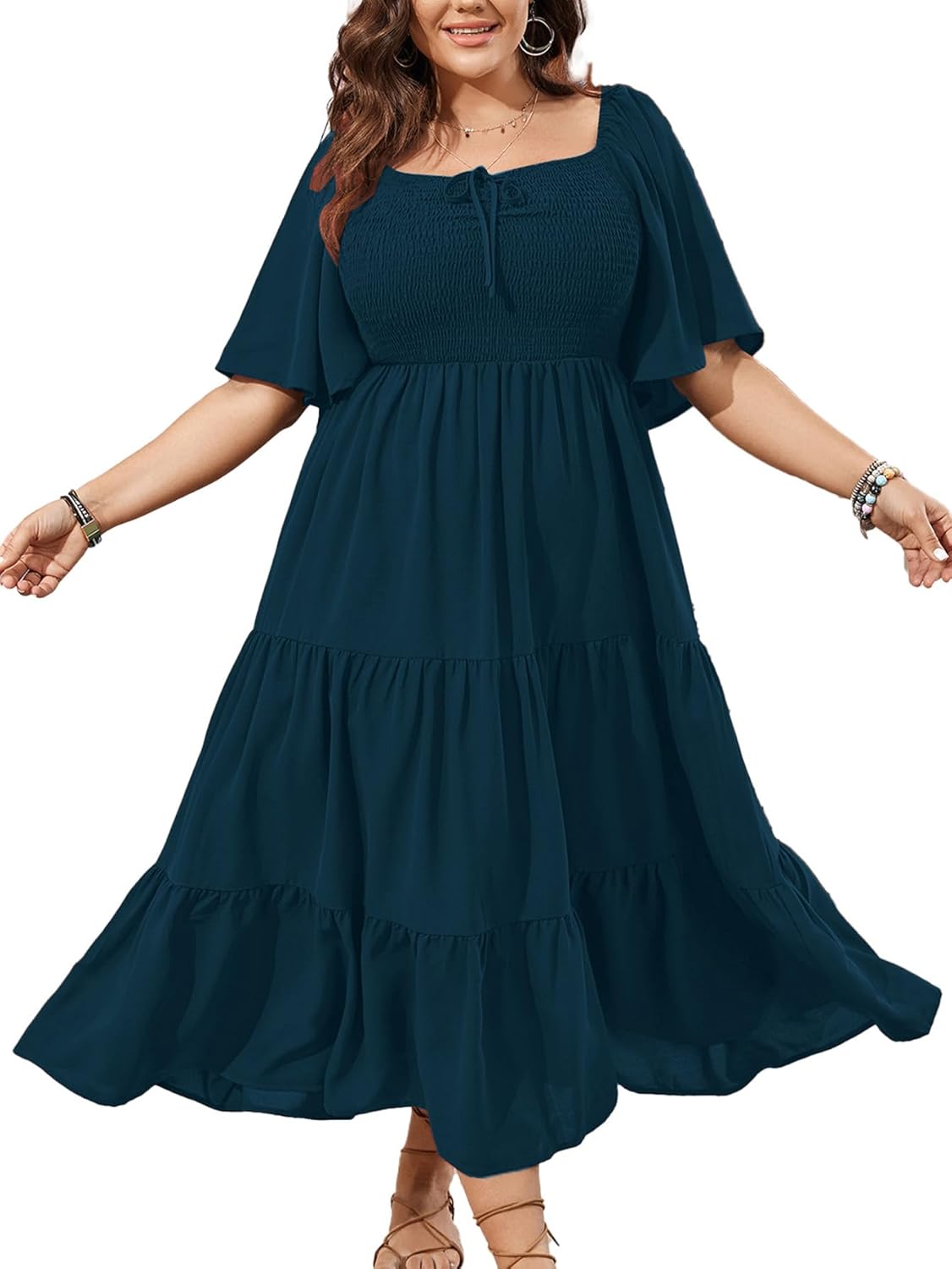 SCOMCHIC Women's Plus Size Flowy Maxi Dress Flutter Short Sleeve Boho Dress Square Neck Smocked Formal Dresses for Women