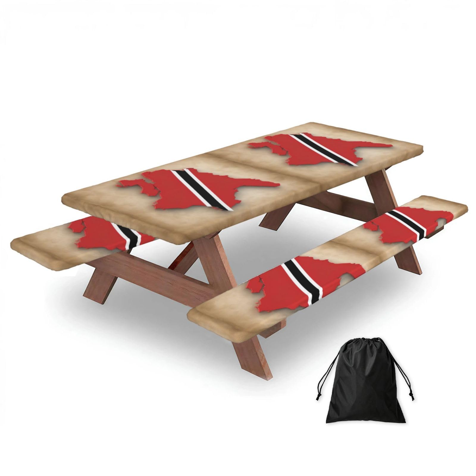 Duwaa Black Trinidad And Tobago Map 02 Print 183Cm Picnic Table Cover With Bench Covers, Waterproof Elastic Tablecloth Set For Outdoor
