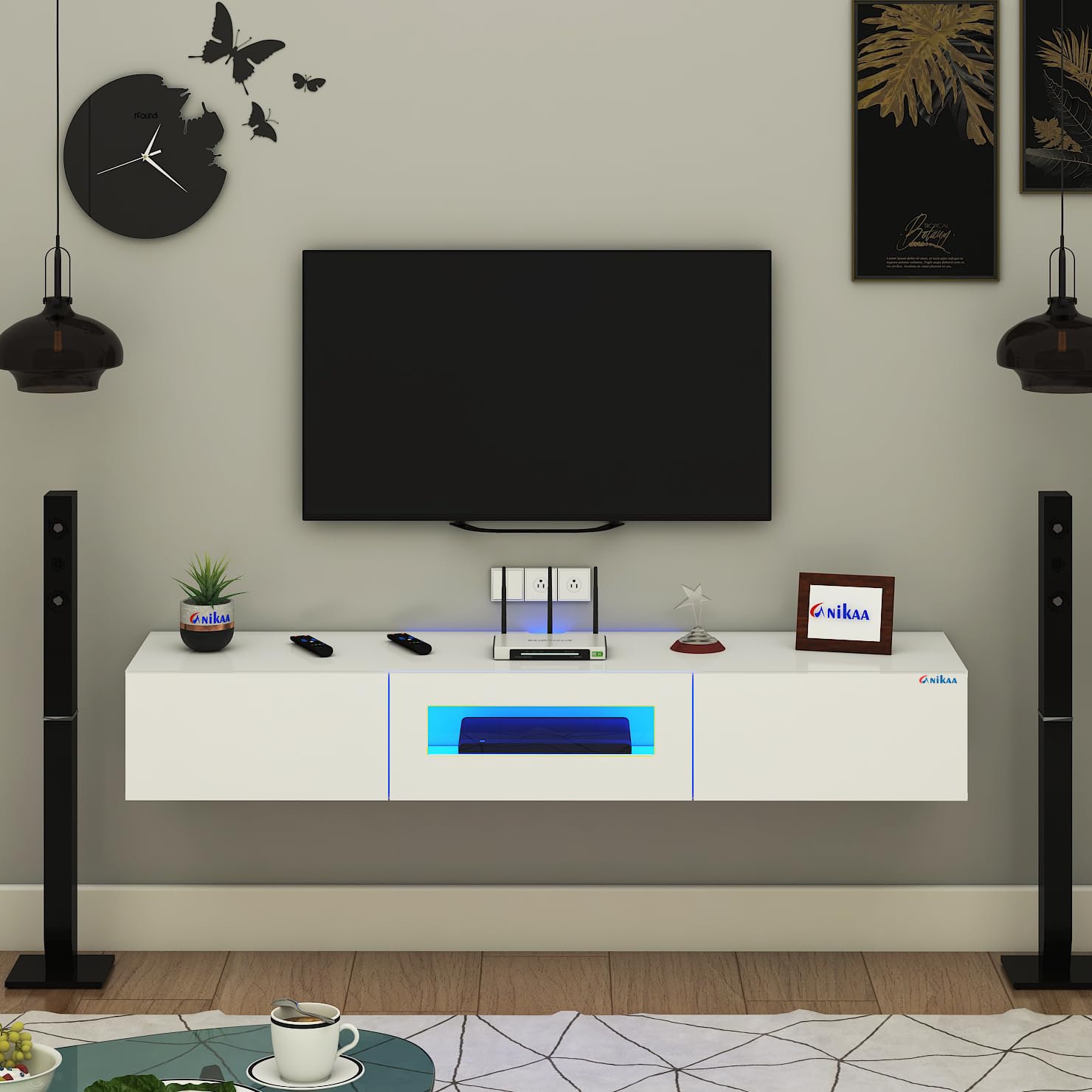 FURNIWUD Lucen Wall Mount Modern Floating TV Unit for Living Room | 3 Closed Storage cabinets with hinged Door - Blue Color LED Light | Ideal for UP to 55 Inch TV (White Finish - DIY Installation)-image-8