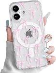 NITITOP Compatible with iPhone 17 Case Cute Clear Magnetic Compatible with MagSafe Aesthetic Polka Dot Bow Knot for Women Girls Soft TPU Back Shockproof Protective Cover - Pink