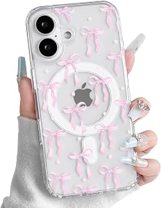 NITITOP Compatible with iPhone 17 Case Cute Clear Magnetic Compatible with MagSafe Aesthetic Polka Dot Bow Knot for Women Girls Soft TPU Back Shockproof Protective Cover - Pink