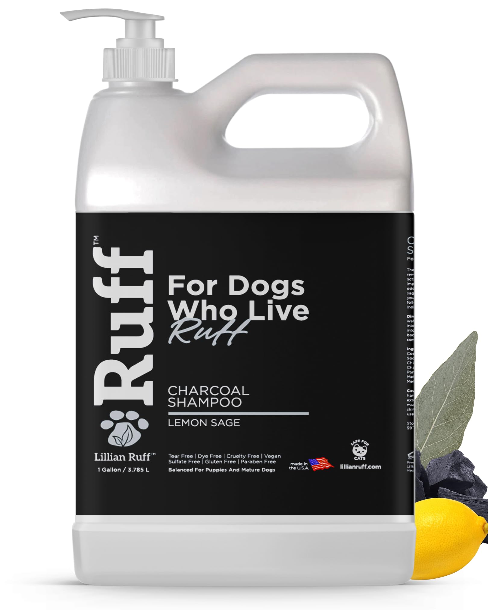 Ruff by Lillian Ruff Activated Charcoal Pet Shampoo – Lemon Sage – Deep Cleanser, Deodorizer & Stain Remover – Hydrates Dry Itchy Skin – Puppy & Dog