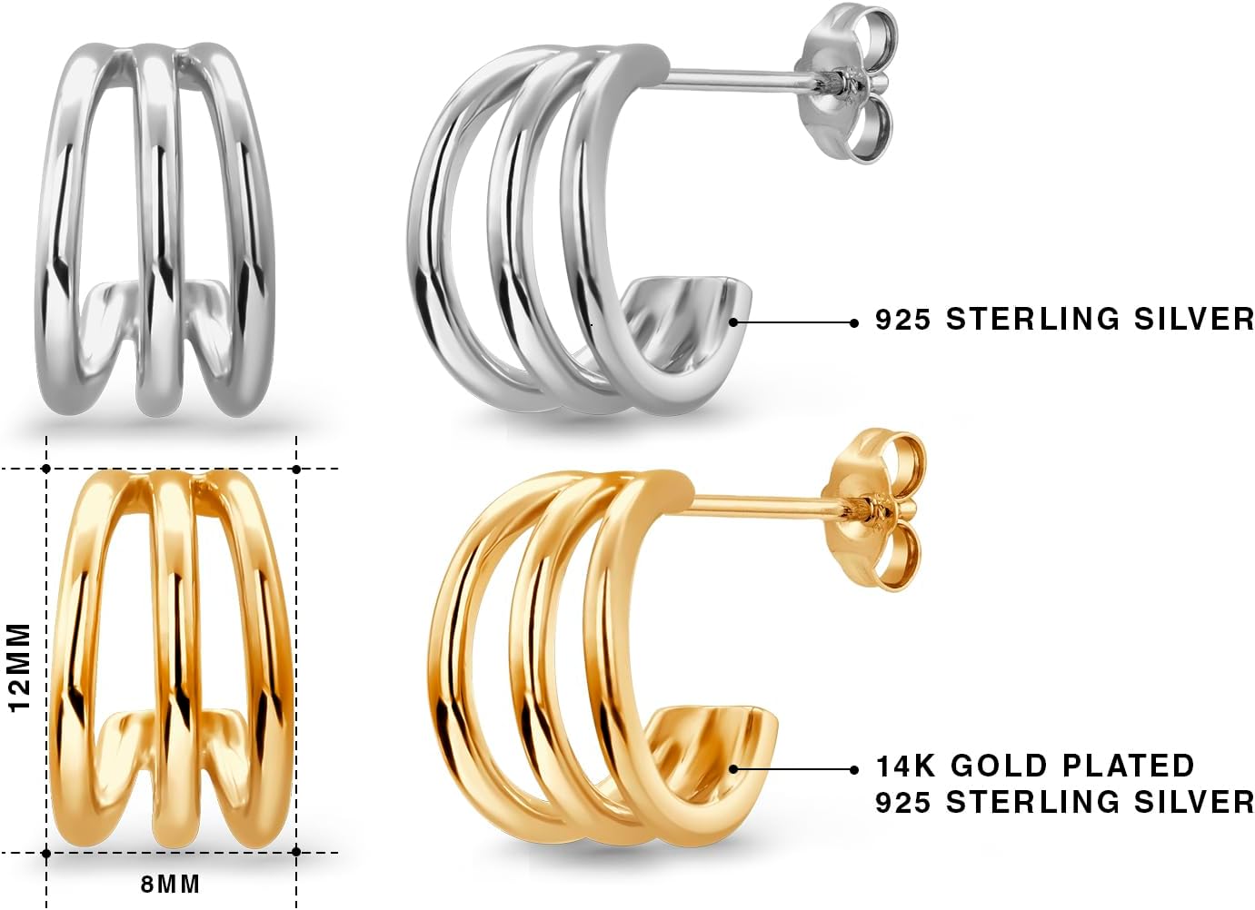 14k Gold Plated Silver 925 Sterling Silver Triple Hoop Earrings for Women, Small Chunky Cuff Studs, Minimalist Layered Look Jewelry for Everyday Wear - Image 2