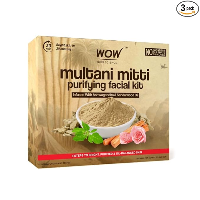 WOW Skin Science Multani Mitti Kit with Rose Water|All Skin Types|Cleanses, Detox And Brightens | Controls Excess Oil & Shrink Pores|Pack of 3|For Women & Men|Paraben Free|Net Vol 250ml at Rs. 349