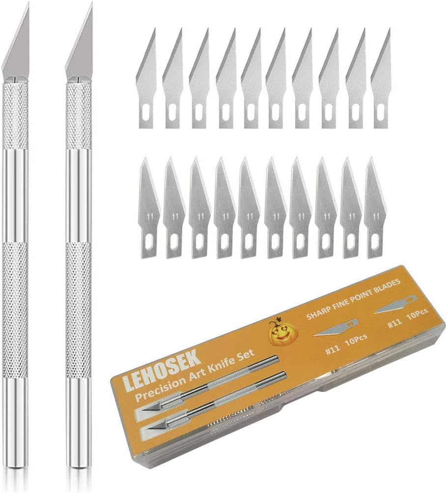 Art Knife Set, Lehosek Precision Hobby Art Utility Knife with Safety Cap Stainless Steel Art Blades Kit for Cutting Carving Art Creation (2knives+20blades)