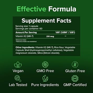 Vitamin K2 (MK-7), 60 Caps – Bone & Heart Health Support – Pure Ingredients, GMO & Gluten Free – GMP Certified Essential Vitamin Supplement by Raw Powders