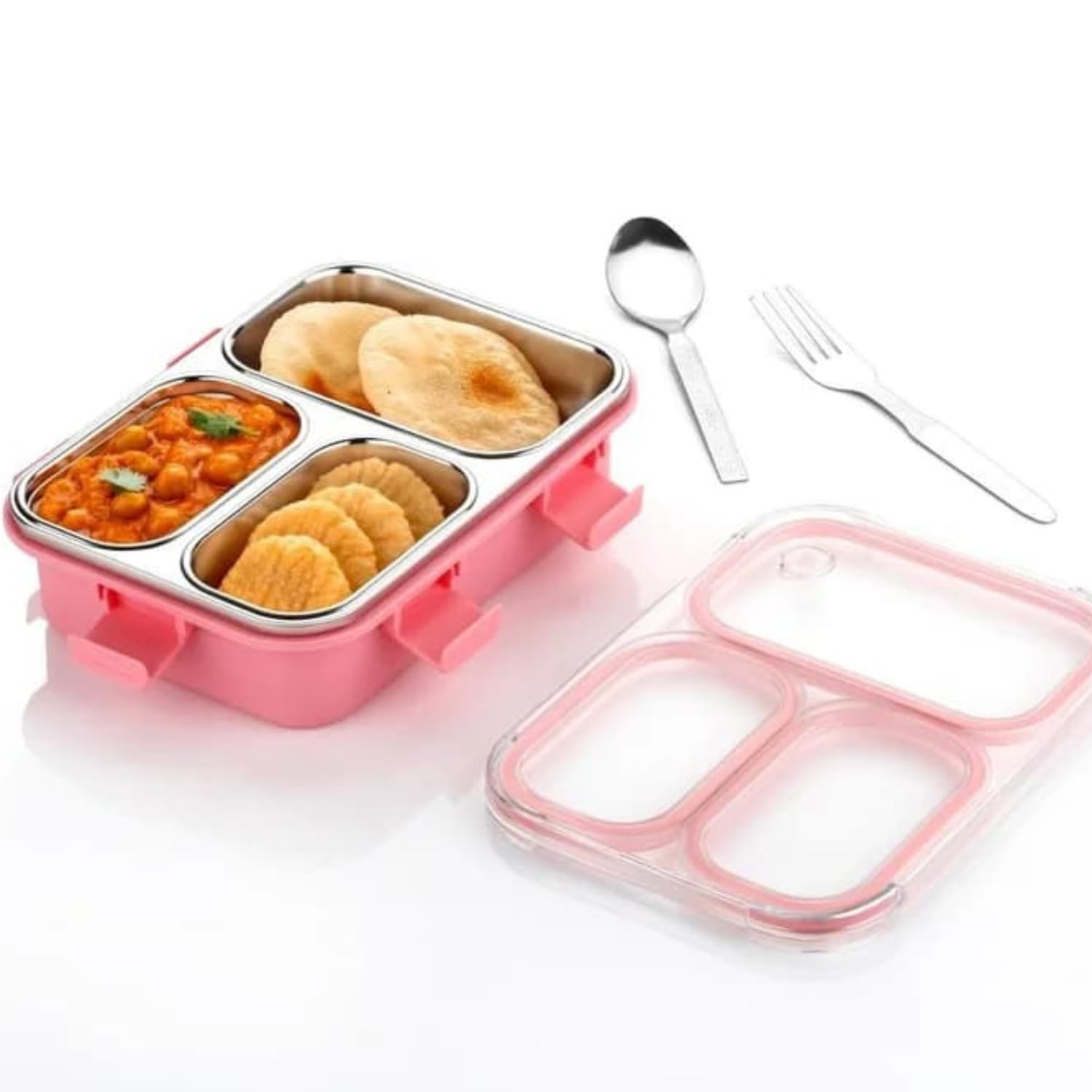 Steel Tiffin Box Stainless Steel Lunch Box, 3 Compartment Leak Proof Food Container, Reusable Metal Meal Box for Office, Travel, Work & Outdoor Use (Pink)
