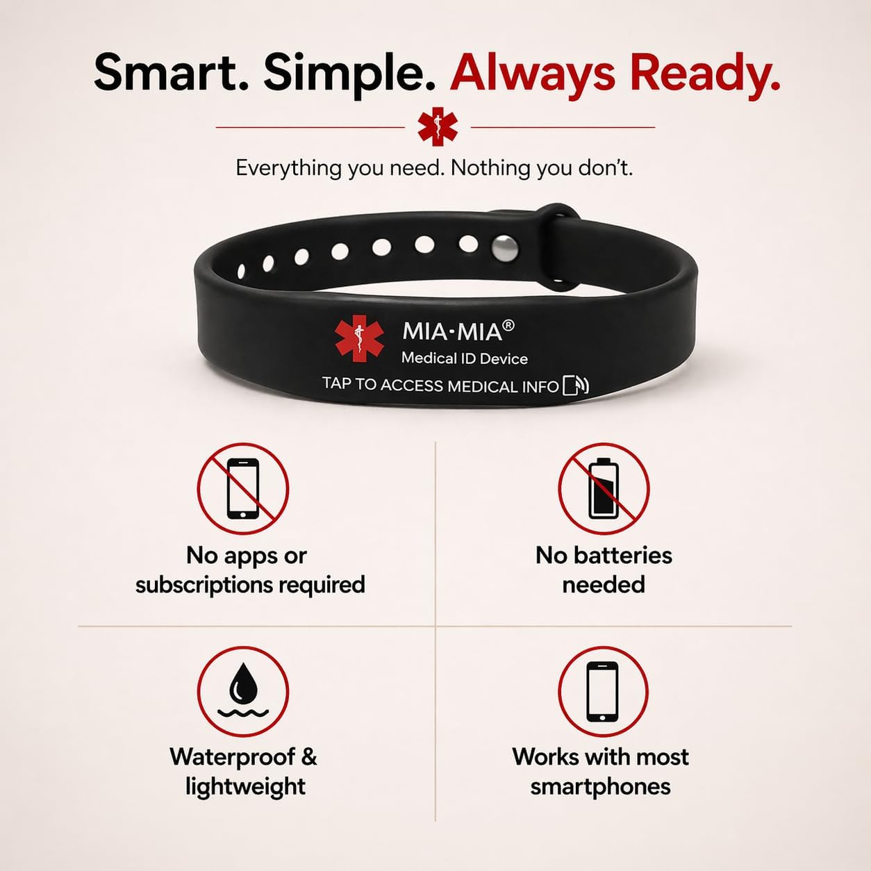 MIA·MIA Smart NFC Medical ID Bracelet for Women & Men – Tap to Share Emergency Medical Information – Free Lifetime Digital Profile – No App Required – Adjustable Waterproof Alert Wristband for Adults