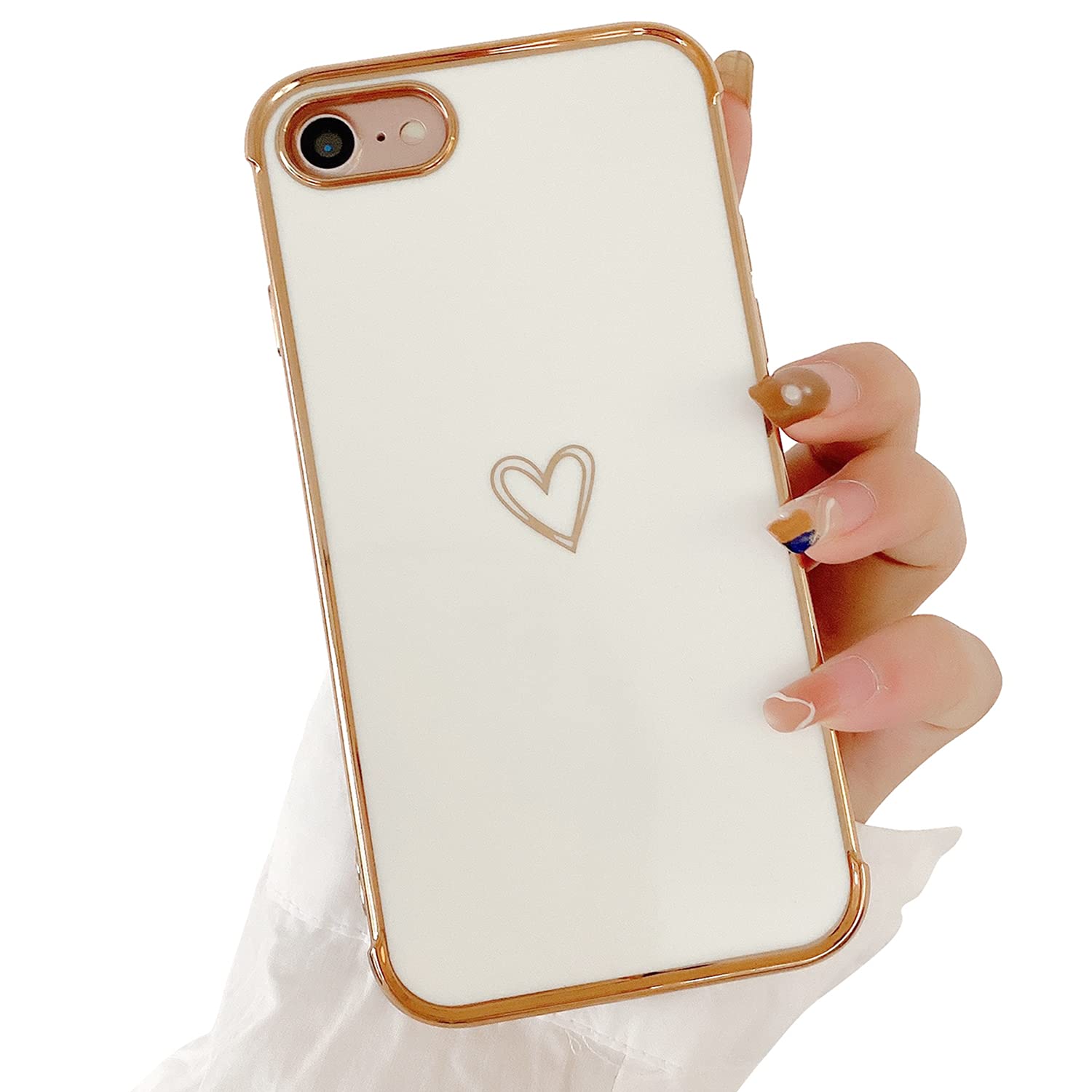 ZTUOK Electroplating Soft Slim TPU Case for Women Girls, Cute Love Heart Pattern Full-Around Protective Phone Case for iPhone 7/8/SE 2020 - White