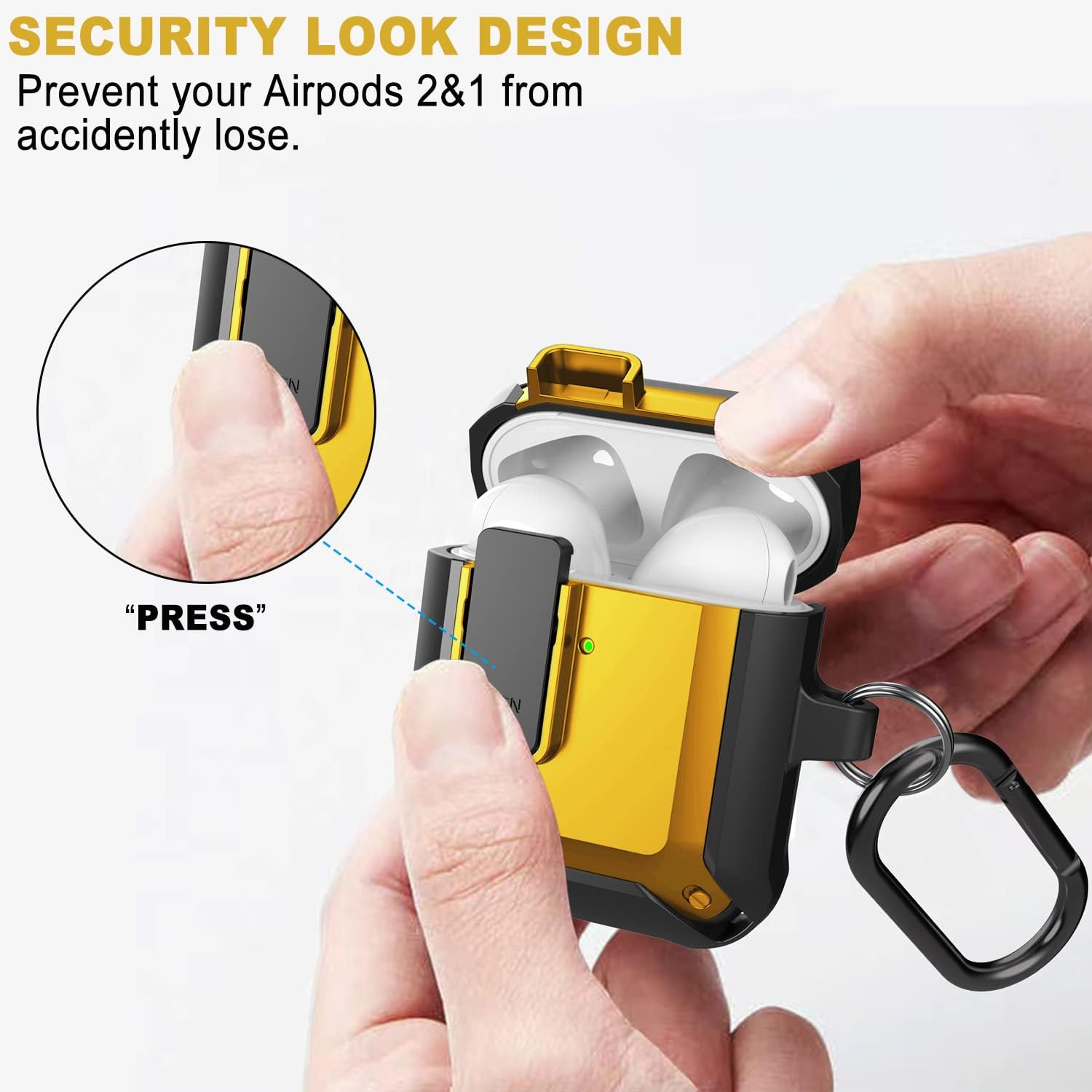 YOMPLOW Armor Airpods Case, [Secure Lock] Air Pods Full-Body Rugged Protective Case Men Charging Skin Shockproof iPods Case Cover with Carabiner for Apple Airpods 2&1 -Black/Yellow