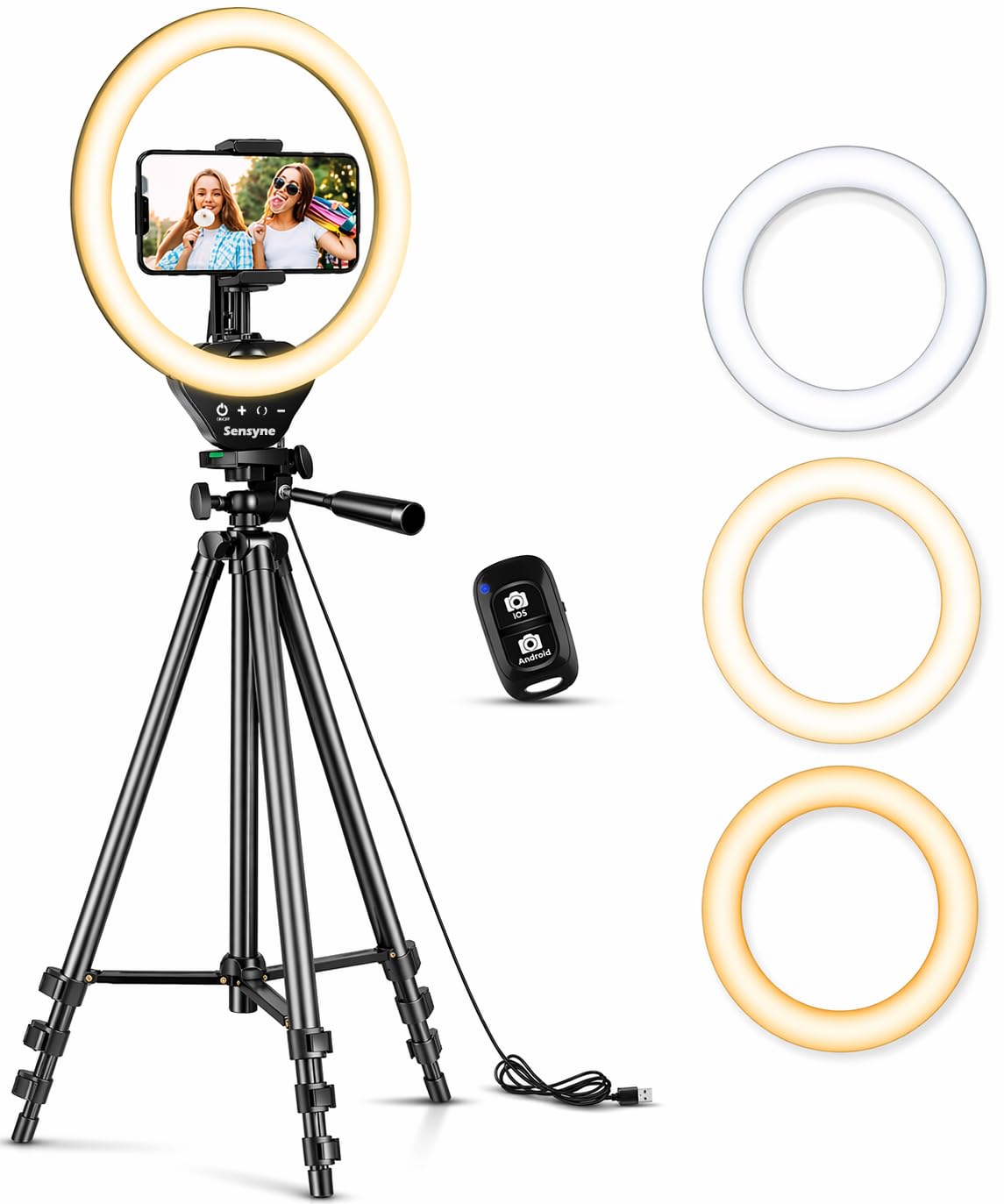 Sensyne - Lampada LED circolare da 25 cm, con treppiede estensibile da 125 cm, con supporto per telefono per streaming live, video su cosmetici, su YouTube, TikTok, per tutti i telefoni, colore: nero
