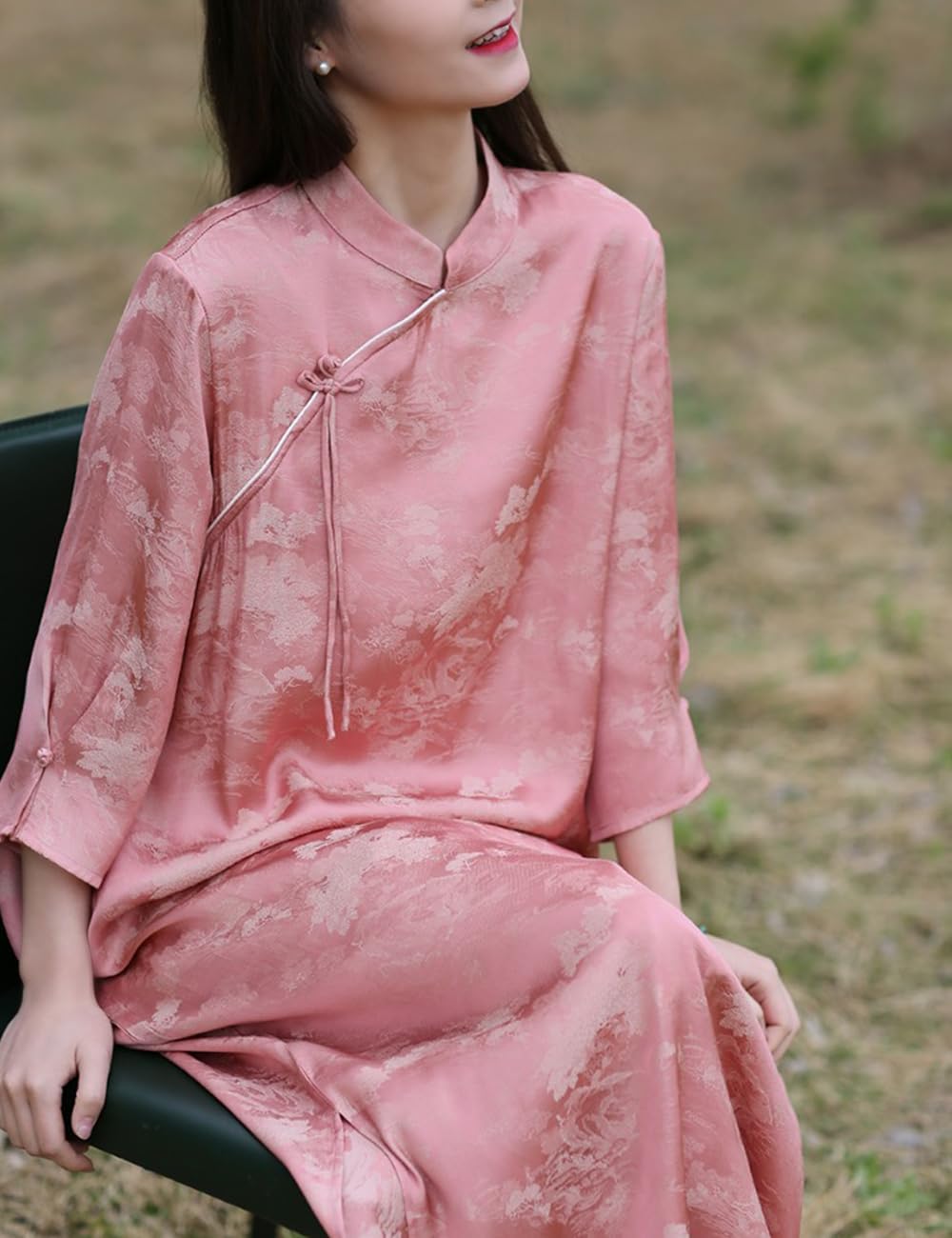 Women Modern Cheongsam Maxi Dress Evening Short Sleeve Dress Floral Brocade Stand Collar Qipao - Image 3