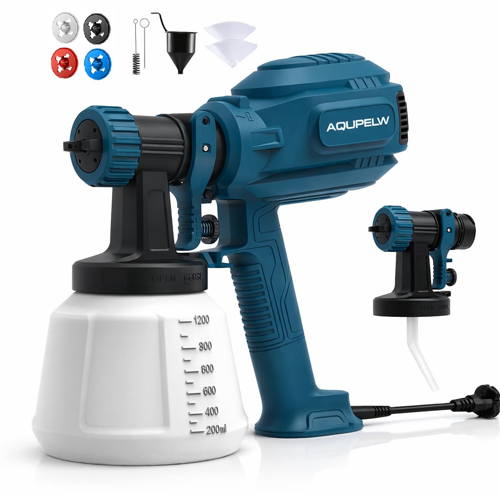 Sistema de pulverización de pintura eléctrico – 700 W HVLP Pulverizador de pintura con depósito de 1200 ml, 4 boquillas y 3 patrones de pulverización, con flujo de pintura ajustable, pistola de